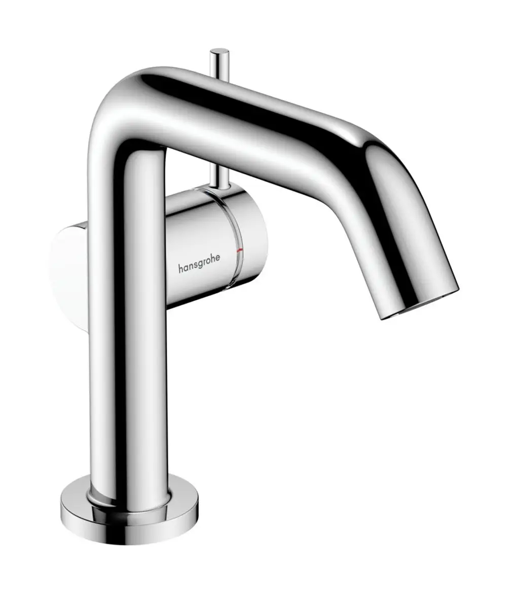 Ein chromfarbener Einhebel-Waschtischmischer von Hansgrohe mit einem gebogenen Auslauf und einem schlichten Design. Die Steuerung erfolgt über einen seitlichen Hebel.